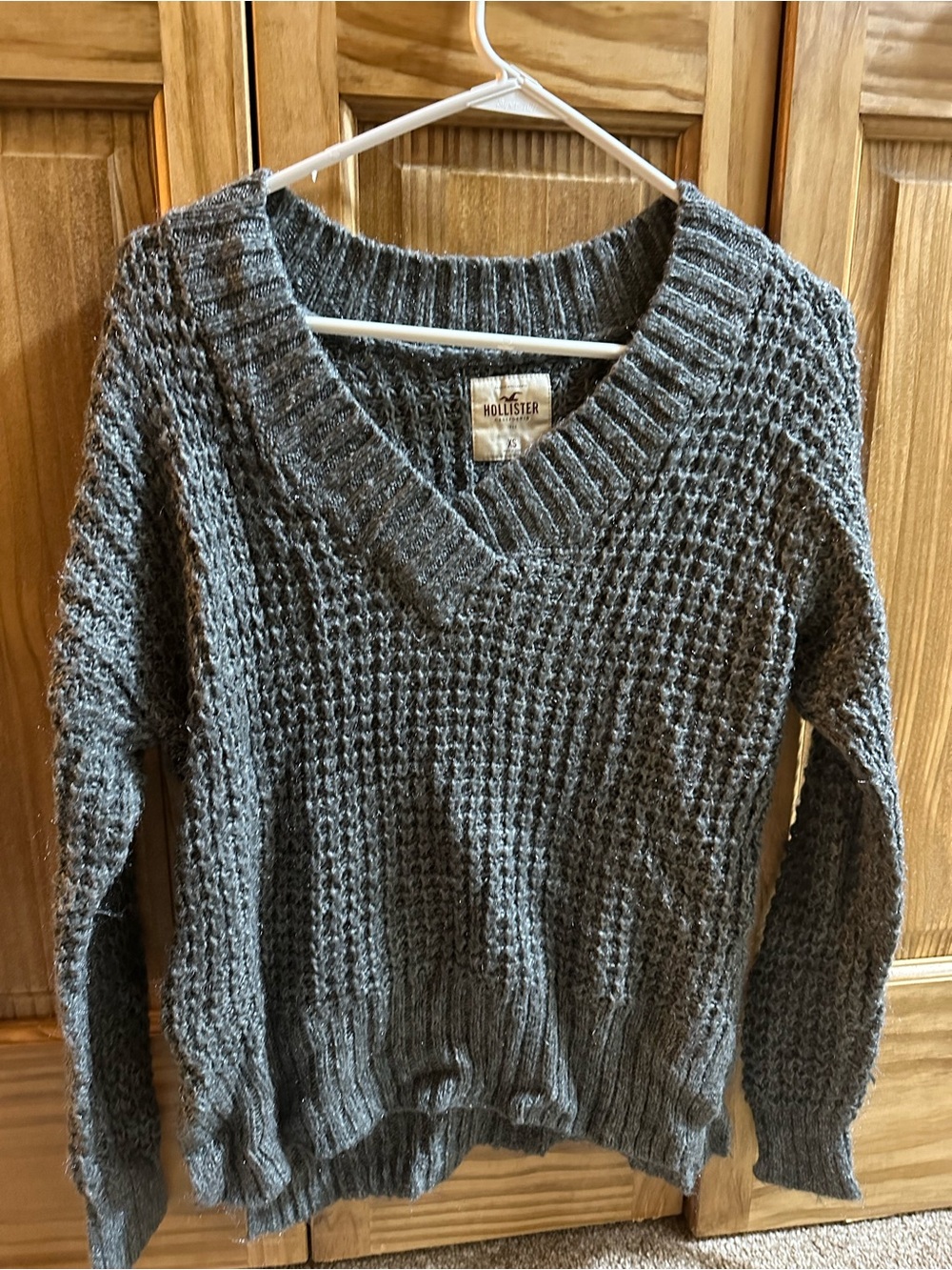 Hollister Charcoal Gray V-Neck Waffle & Cable Knit Sweater